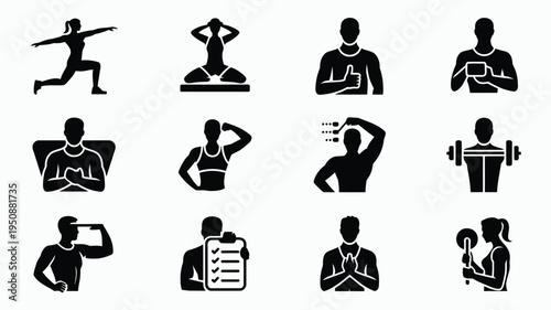 Minimalist vector icons of people exercising and working out in various poses and activities