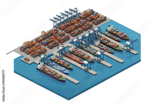 Aerial view of a busy shipping port with cargo ships and cranes loading containers