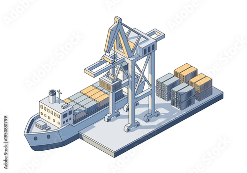 Shipping container terminal with gantry crane loading cargo onto a ship docked at the pier