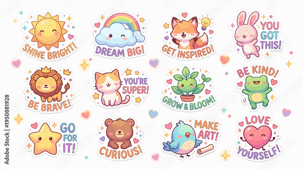 Fototapeta premium Cute Kawaii Animal & Motivational Affirmation Stickers Collection
