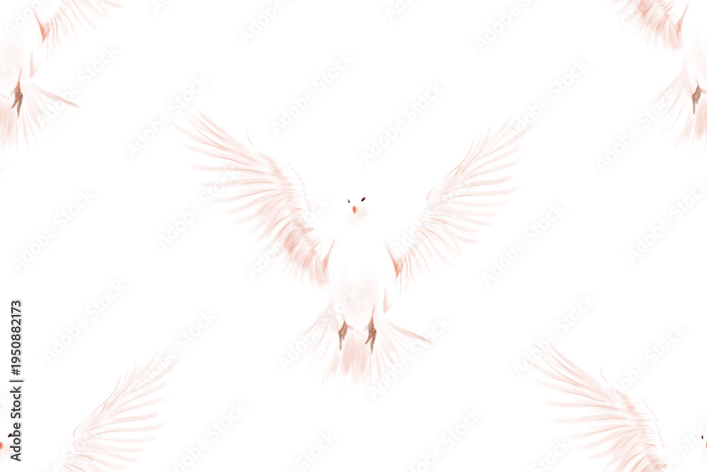 Obraz premium A seamless pattern illustration featuring of white doves with a set of white feathers and a set of white wings as a symbol of peace and love for wedding design