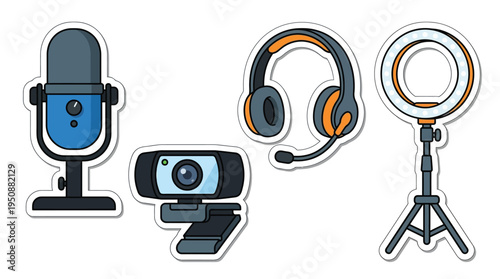 Collection of streaming and content creation equipment stickers including a microphone, webcam, headphones, and a ring light on a stand.