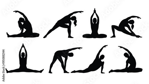 Set of eight black silhouette yoga poses on white background for flexibility and wellness