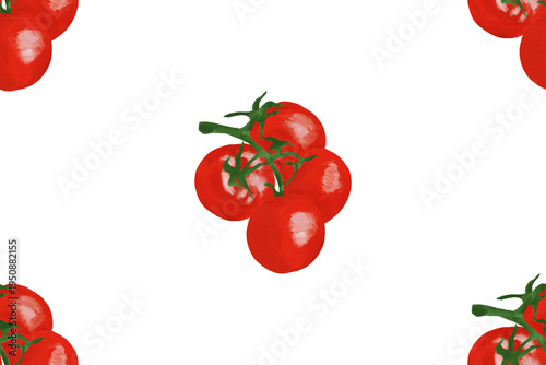 Seamless pattern of Fresh ripe red cherry tomatoes on a green vine branch isolated on a white background create a healthy organic vegetable ingredient for a juicy raw salad