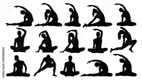 Collection of black silhouettes of people practicing various yoga poses on a white background for fitness and wellness
