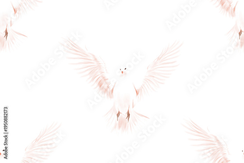 A seamless pattern illustration featuring of white doves with a set of white feathers and a set of white wings as a symbol of peace and love for wedding design