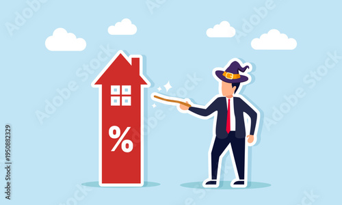 Businessman like magician transforming house icon with percent symbol illustration of effort to increase property asset valuation in business