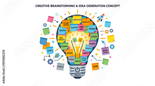 Creative brainstorming and idea generation concept with a light bulb filled with colorful sticky notes representing innovation and new thoughts.