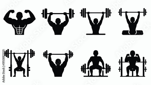 Bodybuilding silhouette icon bundle with weightlifters exercising with dumbbells and barbells in various poses on gray background