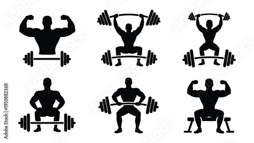 Bodybuilding silhouette icon set with six black gym workout figures lifting dumbbells and barbells on white background