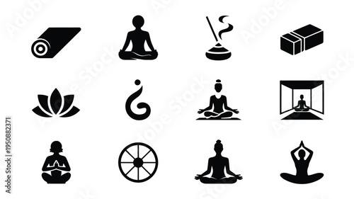 Yoga icons set including people meditating lotus flower and symbols on white background for mindfulness and wellness concepts