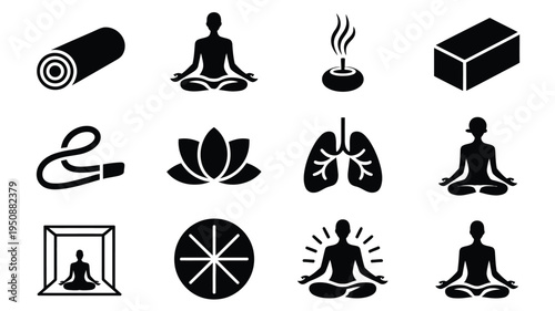 Minimalist yoga icons collection for meditation and wellness black silhouettes on white background