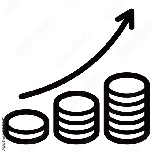 積み上がったコインと上昇矢印のビジネスアイコン（資産運用・収益増加・モノクロ・アウトラインあり）