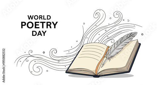 Illustration of an open book with a quill pen on World Poetry Day, surrounded by swirling lines and dots on a white background, symbolizing poetry writing and celebration.