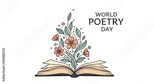 Vector illustration of an open book with flowers and leaves emerging, celebrating World Poetry Day with a literary arts concept on a white background.