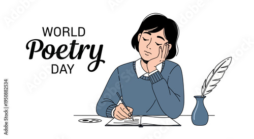 Illustration of a thoughtful poet writing on World Poetry Day with a quill pen and inkwell, conveying literary arts and creative writing concepts in a simple design.