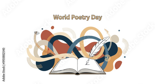 Vector illustration of an open book with a quill pen on a colorful abstract background celebrating World Poetry Day with literary arts and creative writing concepts.