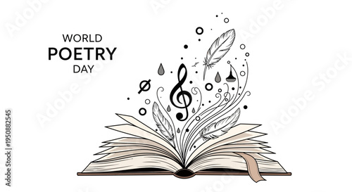 Vector illustration of an open book with music and poetry elements emerging, celebrating World Poetry Day with a creative literary arts concept on a white background.