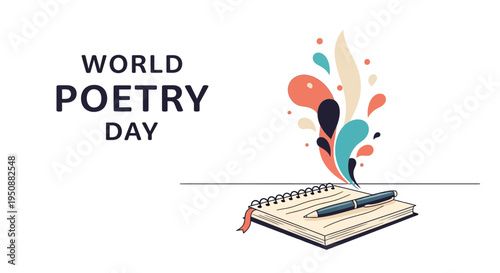 Illustration of a notebook and pen with colorful abstract shapes celebrating World Poetry Day in a graphic design concept.