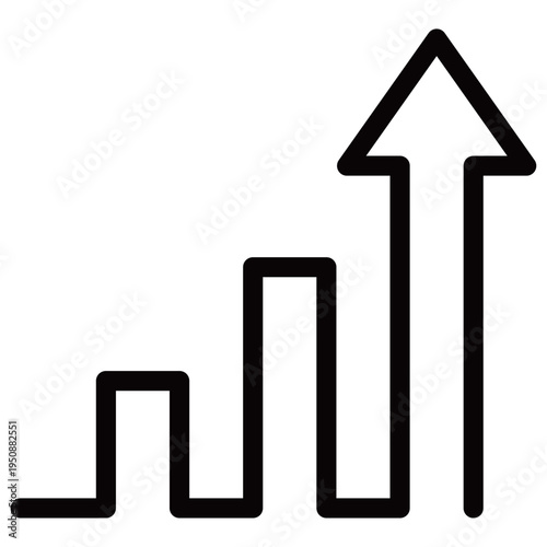 右肩上がりの棒グラフと上昇矢印のビジネスアイコン（成長・躍進・成功・モノクロ・アウトライン）