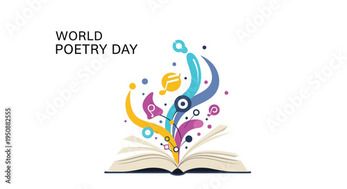 Vector illustration of an open book with colorful swirling lines and shapes emerging from it, celebrating World Poetry Day with a creative poetry writing concept on a white background.