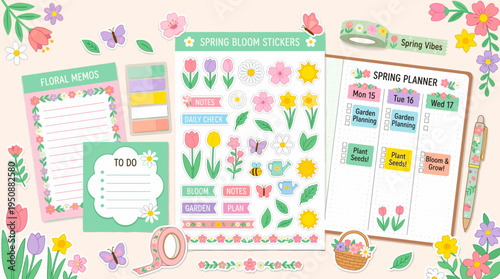 A vibrant collection of spring bloom stationery, including floral stickers, a weekly planner, memo pads, and decorative washi tape, set against a pastel background with flowers and butterflies.