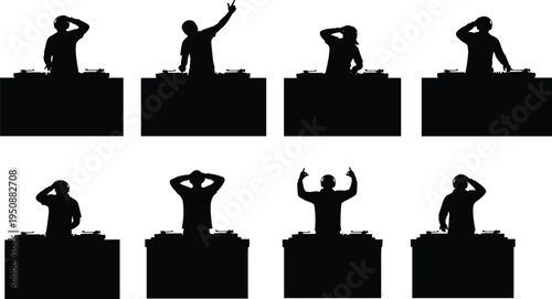 DJ silhouettes set performing music at turntable console, nightclub disc jockey mixing tracks and entertaining crowd, party nightlife entertainment concept isolated vector illustration