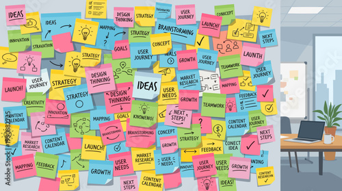 Creative Ideas Brainstorming: Strategy, Planning, and Collaboration Sticky Notes Wall