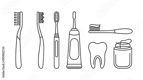 Oral Hygiene Icon Set – Minimalist Black Line-Art Toothbrushes, Toothpaste, Floss, and Dental Care Symbols
