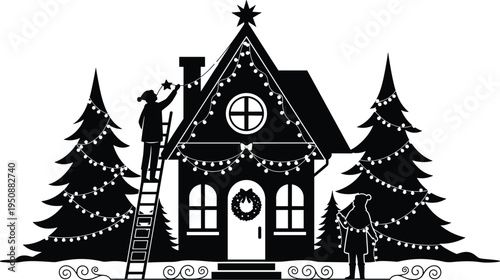 Christmas house decoration silhouette with family decorating lights on roof and trees, festive winter home scene with garlands and star isolated vector illustration
