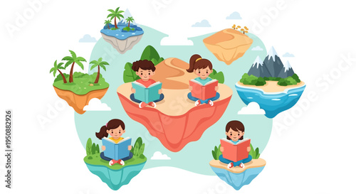 Children reading books on floating islands around the world in a playful illustration