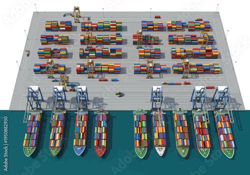 Aerial view of a busy shipping port with container ships docked and cranes loading and unloading cargo