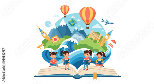Children sitting on an open book with landmarks and travel icons emerging from it