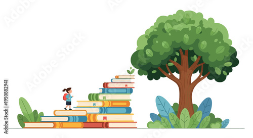 A young girl climbs a staircase of books to reach a tree with lush green leaves and foliage outdoors.