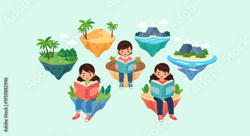 Children reading on floating islands with diverse landscapes like mountains and beaches around them