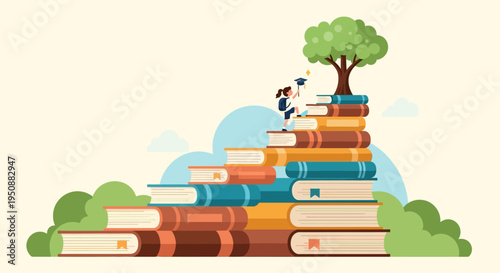 Graduate student celebrating achievement on stack of colorful books with tree on top