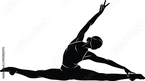Gymnast woman silhouette performing split leap in rhythmic gymnastics pose, flexible female athlete in elegant dance motion isolated vector illustration for sport and fitness design