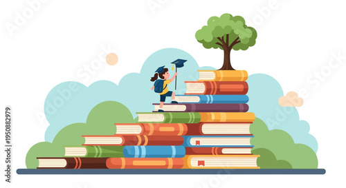 Student climbing stack of books to reach graduation cap on top near tree and clouds outside