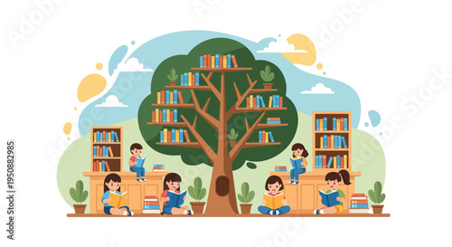 Children sitting around a tree with books on shelves reading and learning outdoors