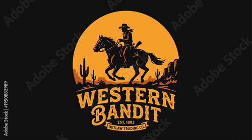 Western Bandit Cowboy Logo – Horse Rider Silhouette Sunset Vintage Wild West Vector