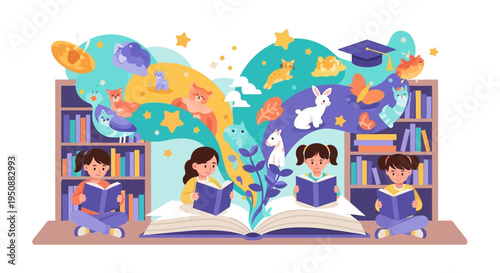 Children reading books with imaginative illustrations of animals and objects emerging