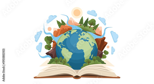 Earth emerges from an open book with natural scenery and landscape