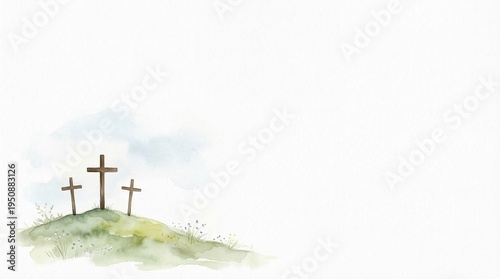 Three crosses on a grassy hill under a light blue sky with wispy clouds in a watercolor illustration style, representing faith and spirituality
