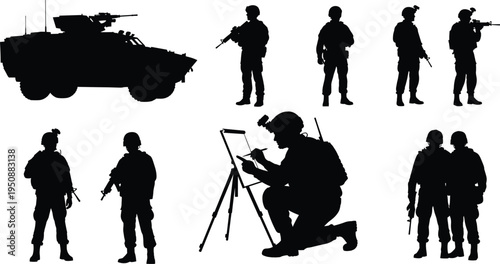 Military soldiers and armored vehicle silhouette set, army troops with rifles, tactical team and reconnaissance soldier with equipment isolated vector illustration for defense concept