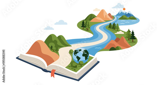 Exploring global landscapes and cultures through an open book with a river flowing out
