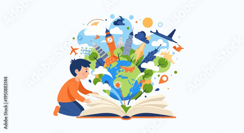 Boy reads an open book with a globe and travel landmarks rising from the pages