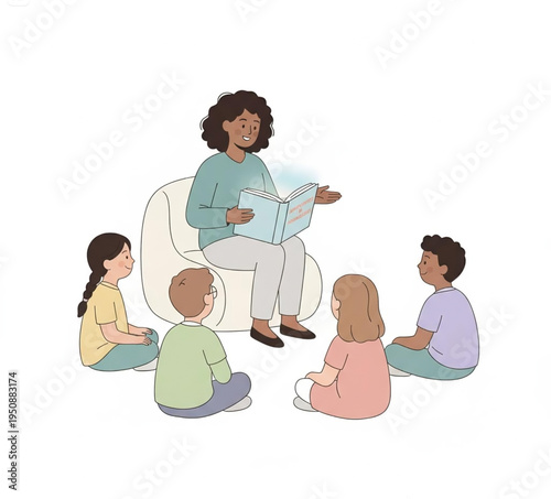 Joyful literacy moment as a caring teacher reads aloud to a diverse group of young students gathered around, encouraging imagination and learning through shared stories