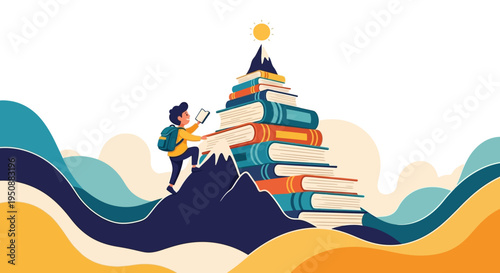 A climber ascends a stack of colorful books on a mountain landscape at sunrise with a backpack