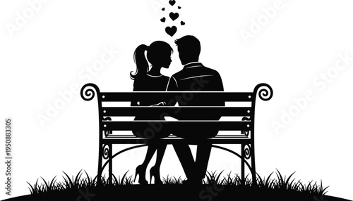 Romantic couple sitting on park bench silhouette with hearts above, love relationship concept, man and woman enjoying romantic moment isolated vector illustration