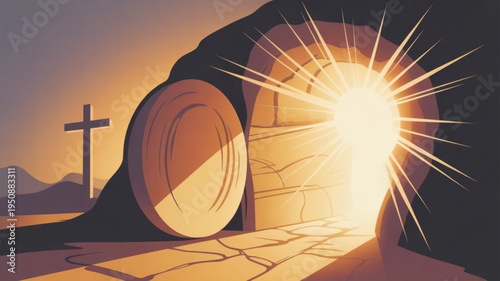 Easter morning with an empty tomb and a cross at sunrise symbolizing hope and resurrection